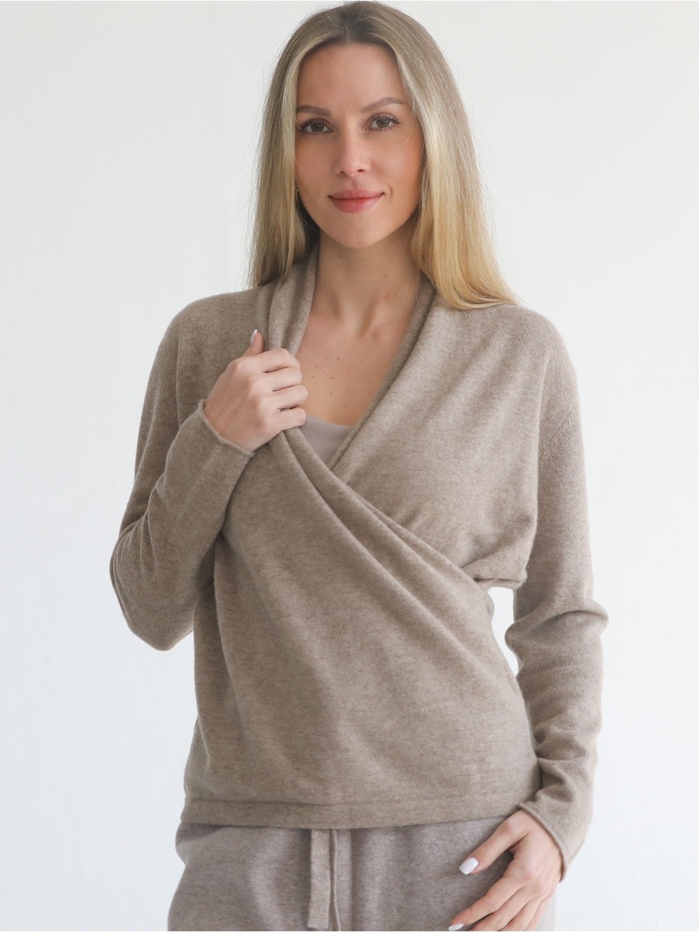 Sweat & Milk Camille Cashmere Wrap Sweater (Chai) Nursing Taupe Maternity 📐S